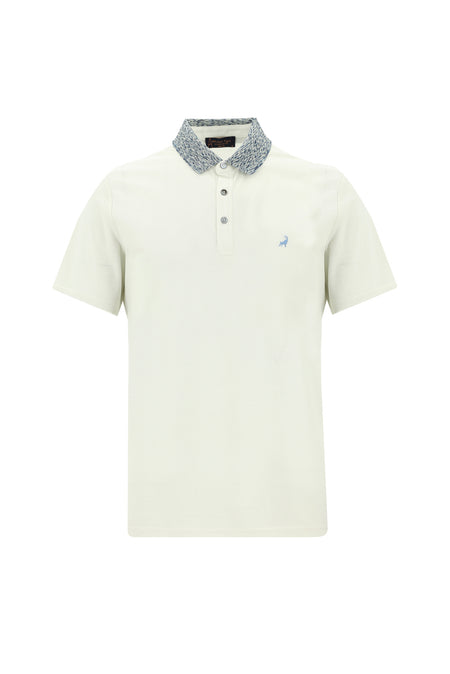 Beyaz Polo Yaka Slim Fit Dar Kesim Desenli Nakışlı Merserize Pamuk T-shirt