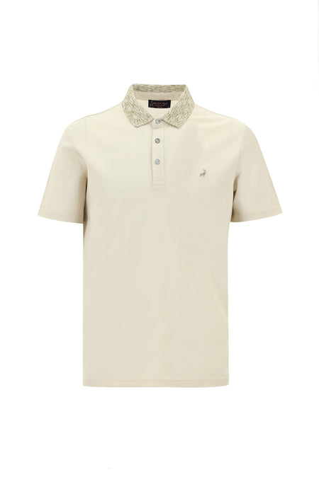 Ekru Polo Yaka Slim Fit Dar Kesim Desenli Nakışlı Merserize Pamuk T-shirt