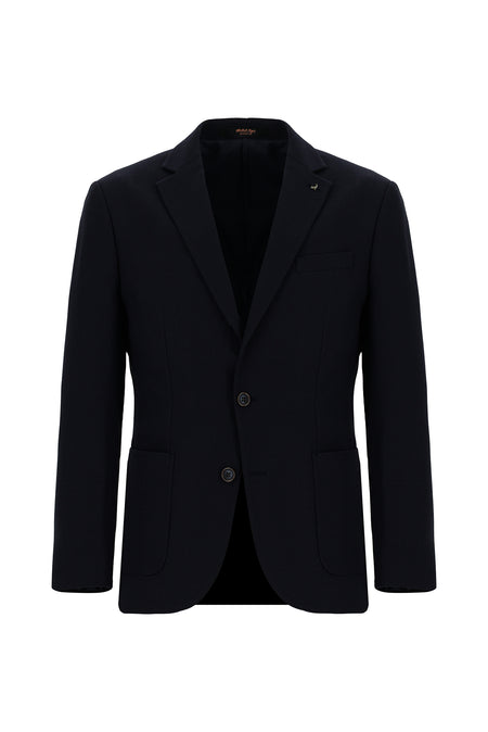 Koyu Lacivert Slim Fit Dar Kesim Yünlü Desenli Ceket