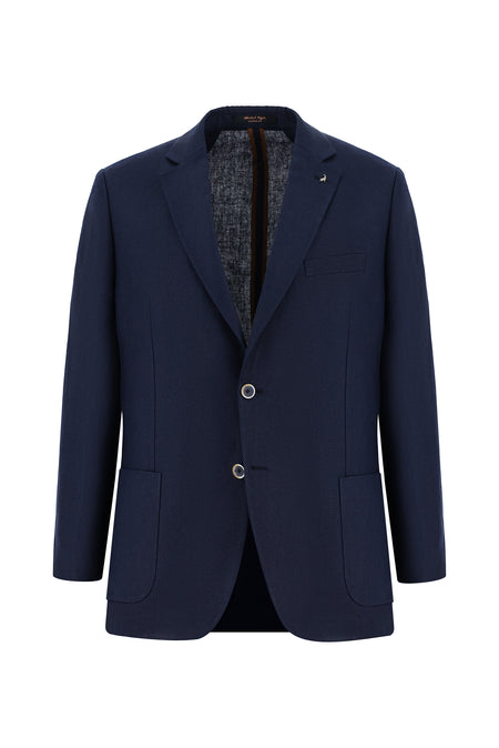 Koyu Lacivert Slim Fit Dar Kesim Desenli Keten Ceket