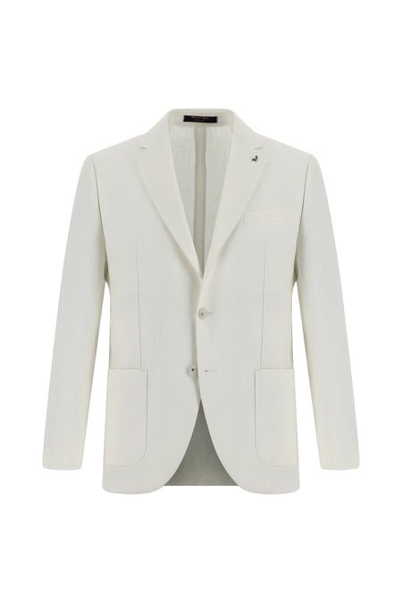 Beyaz Slim Fit Dar Kesim Desenli Keten Ceket