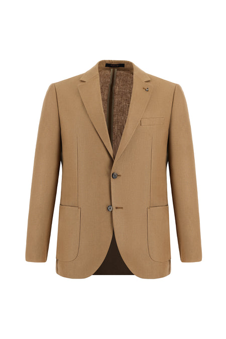 Camel Relax Fit Rahat Kesim Desenli Keten Ceket