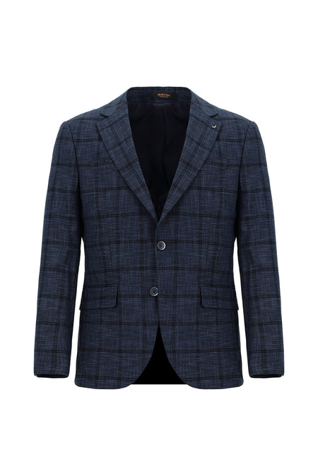 Koyu Lacivert Slim Fit Dar Kesim Ekose Ceket