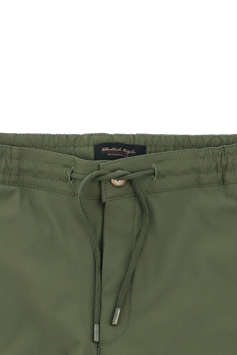 Orta Haki Slim Fit Dar Kesim Likralı Beli Lastikli İpli Pantolon