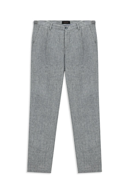 Açık Mavi Slim Fit Dar Kesim Tokalı Keten Klasik Kumaş Pantolon