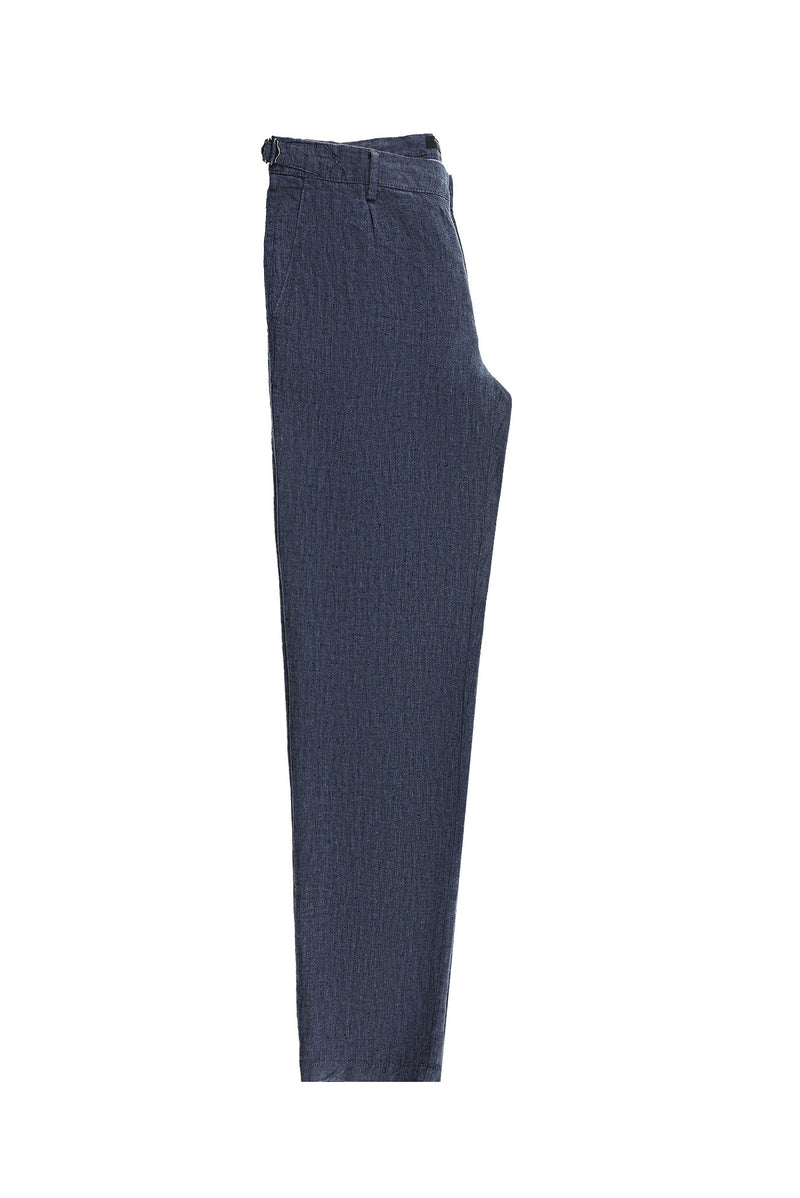 Koyu Mavi  Slim Fit Dar Kesim Tokalı Keten Klasik Kumaş Pantolon