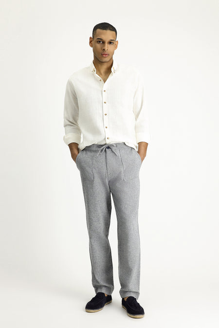 Koyu Lacivert Regular Fit Beli Lastikli İpli Keten Klasik Kumaş Pantolon