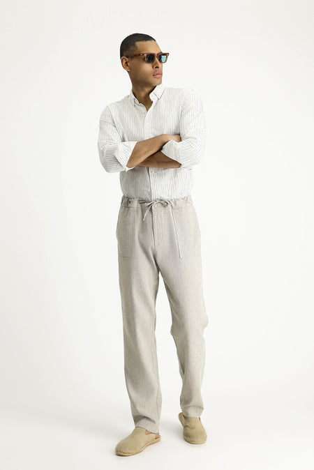 Açık Vizon Regular Fit Beli Lastikli İpli Keten Klasik Kumaş Pantolon