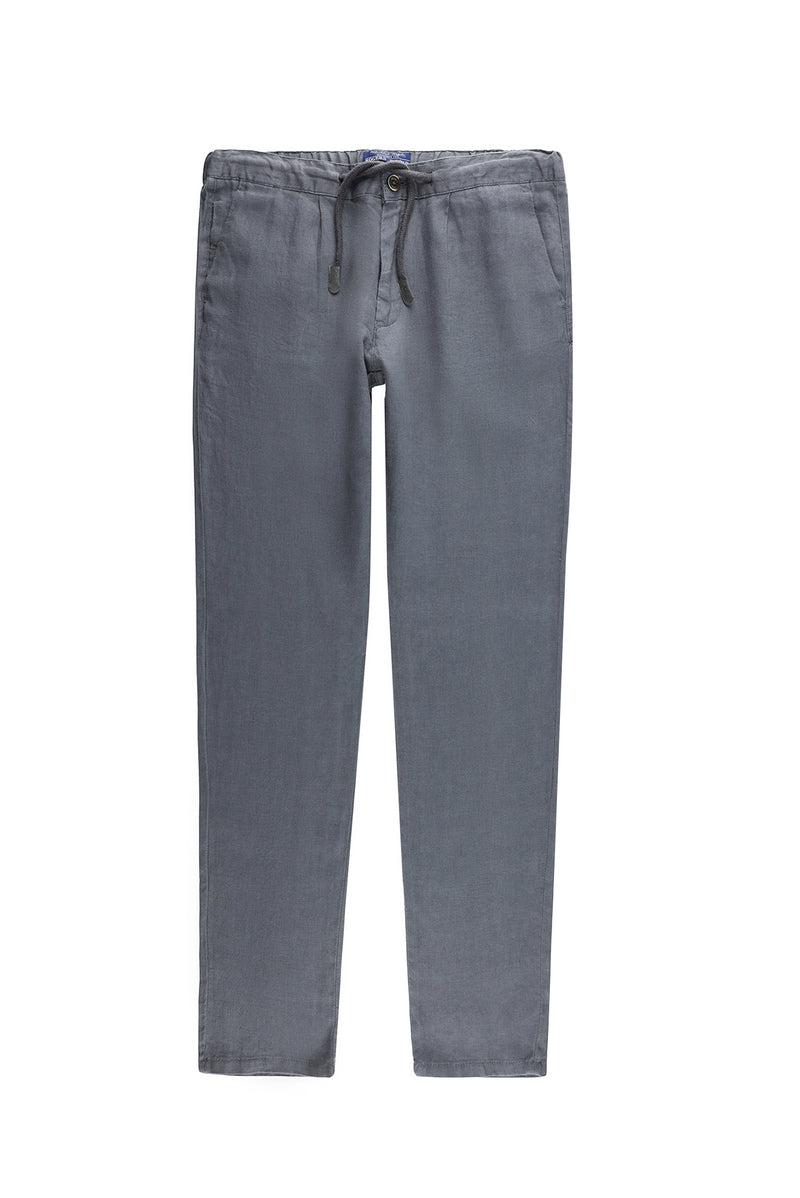 Orta Gri Regular Fit Beli Lastikli İpli Keten Pantolon