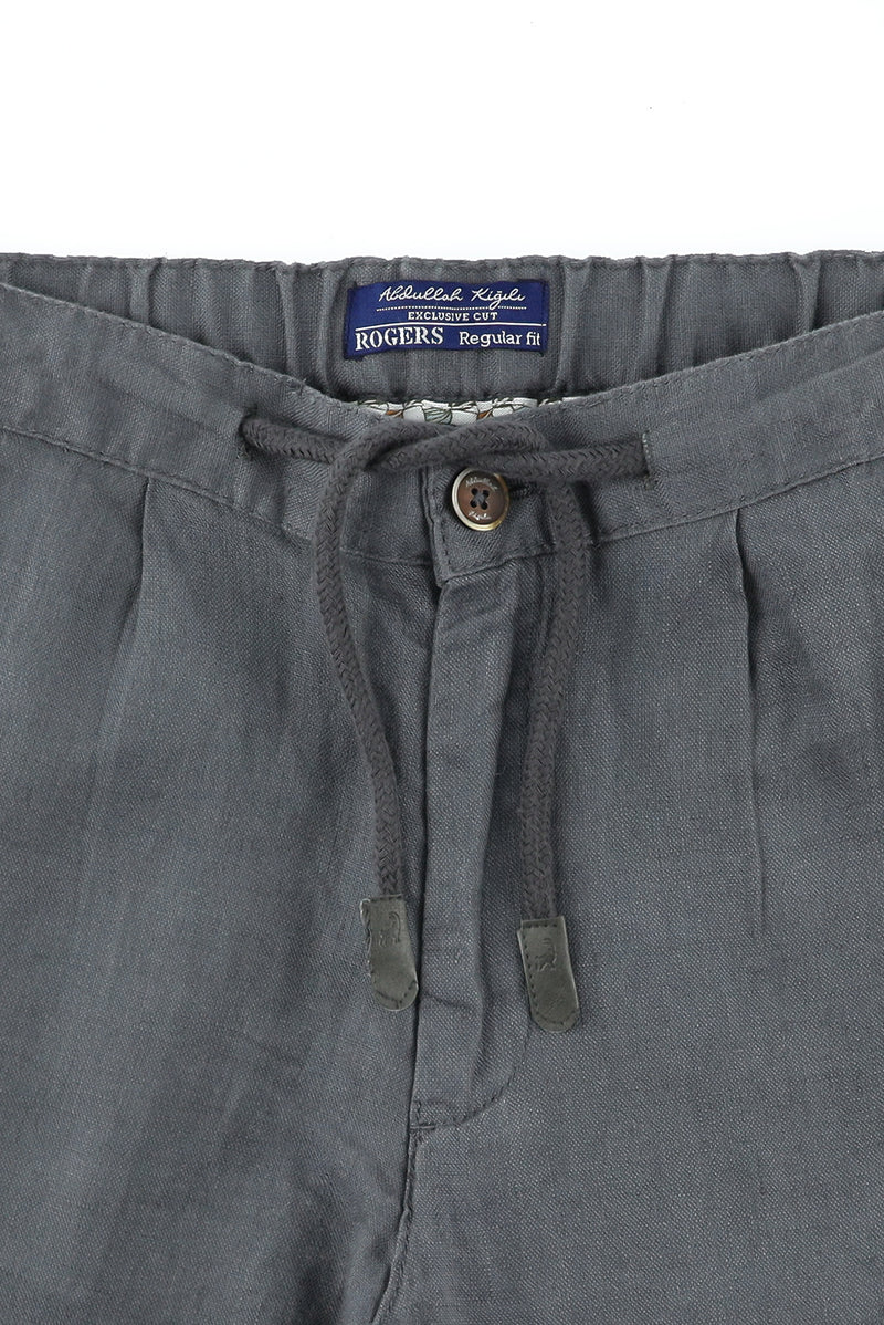 Orta Gri Regular Fit Beli Lastikli İpli Keten Pantolon