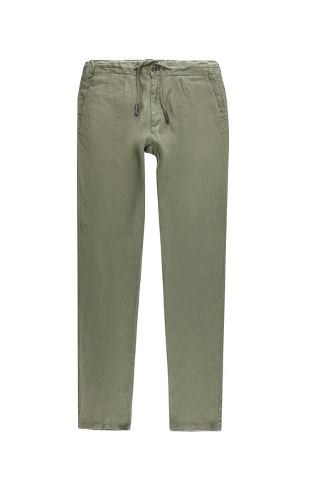 Orta Haki Regular Fit Beli Lastikli İpli Keten Pantolon