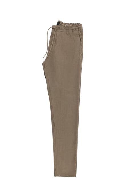 Koyu Vizon Regular Fit Beli Lastikli İpli Keten Pantolon