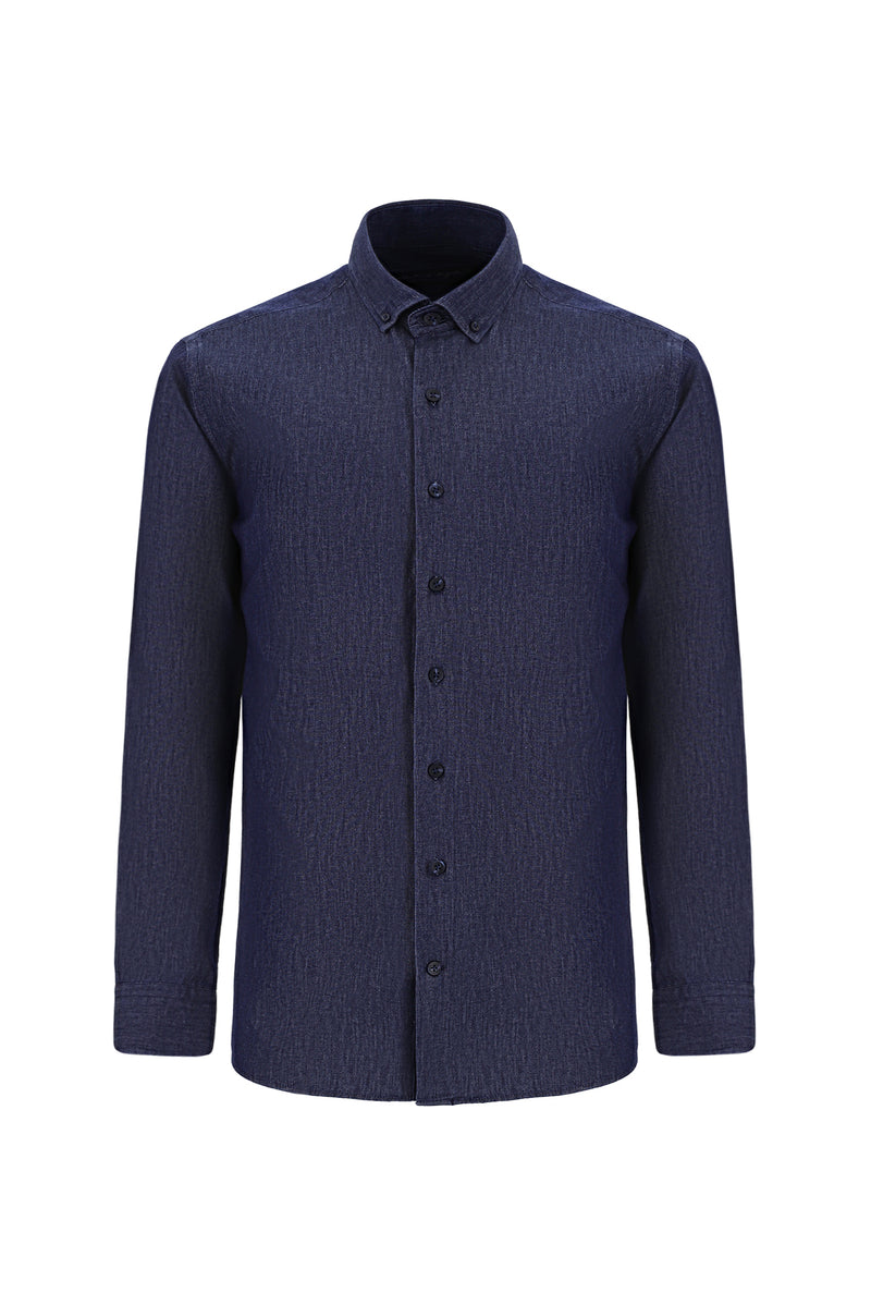 İndigo Uzun Kol Slim Fit Dar Kesim Denim Pamuk Gömlek
