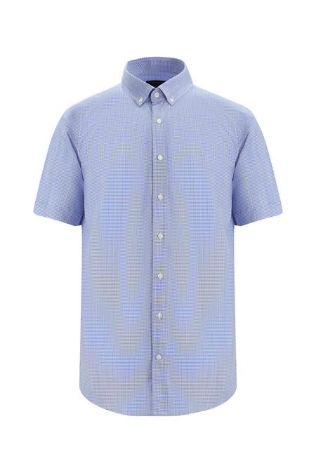 Açık Lacivert Kısa Kol Regular Fit Ekose Spor Pamuk Gömlek