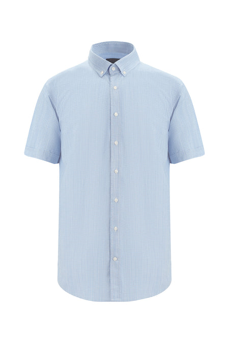 Açık Mavi Kısa Kol Regular Fit Ekose Spor Pamuk Gömlek