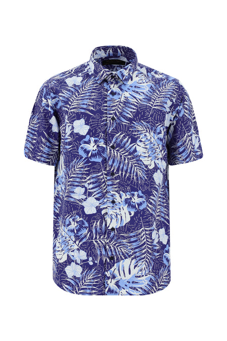 Koyu Lacivert Kısa Kol Regular Fit Desenli Pamuklu Kolay Ütülenebilir Gömlek