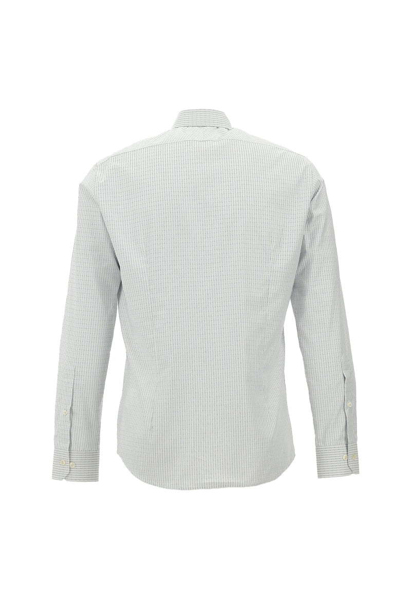 Orta Lacivert Uzun Kol Slim Fit Dar Kesim Çizgili Pamuk Gömlek