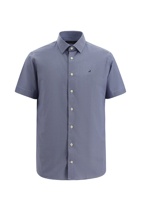 Koyu Lacivert Kısa Kol Slim Fit Dar Kesim Desenli Pamuk Gömlek