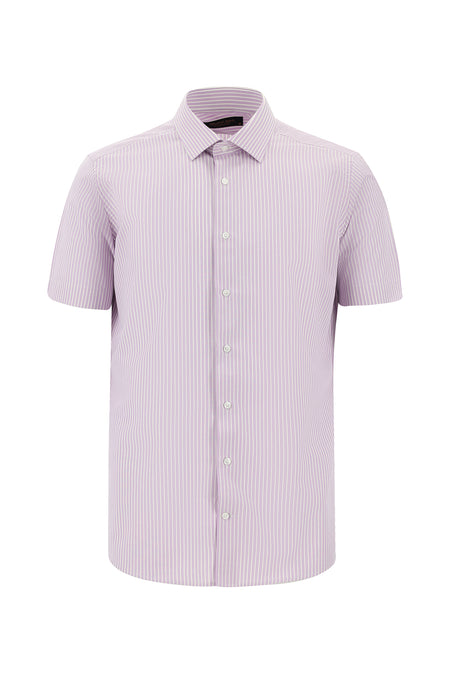 Lila Kısa Kol Slim Fit Dar Kesim Çizgili Pamuk Gömlek