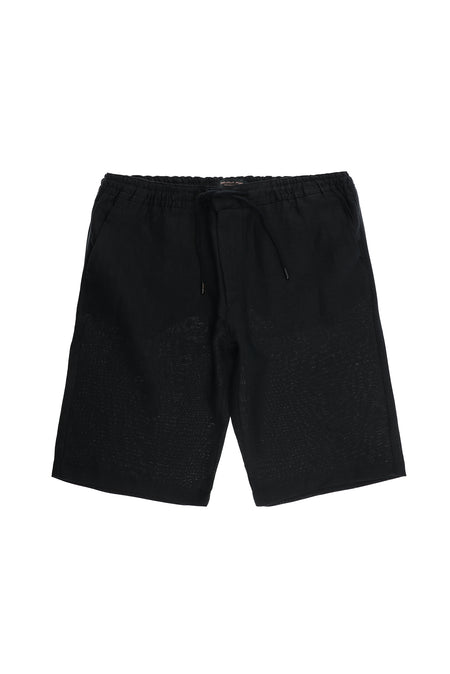 Siyah Regular Fit Beli Lastikli İpli Keten Bermuda Şort
