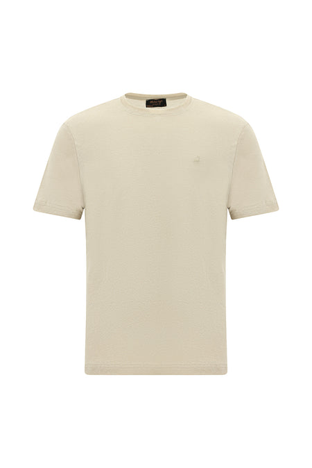 Orta Bej Bisiklet Yaka Regular Fit Nakışlı Keten T-shirt