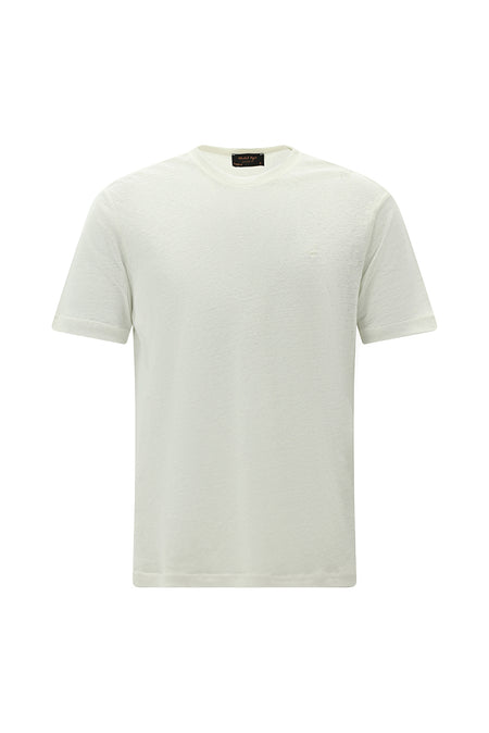 Kırık Beyaz Bisiklet Yaka Regular Fit Nakışlı Keten T-shirt