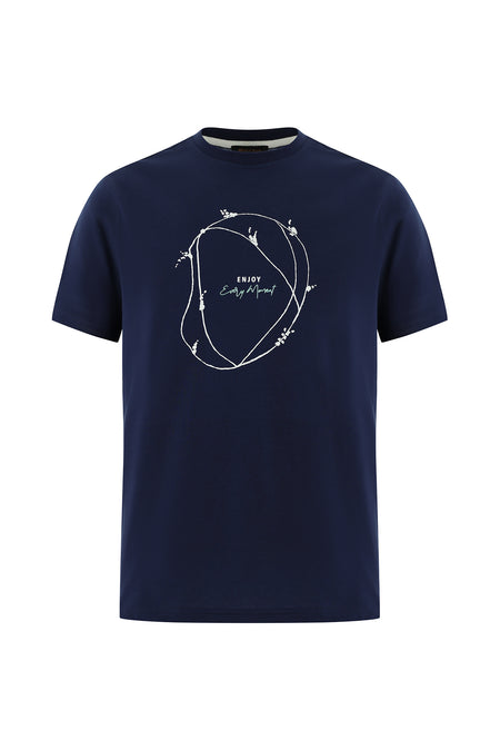 Orta Lacivert Bisiklet Yaka Regular Fit Baskılı Pamuk T-shirt