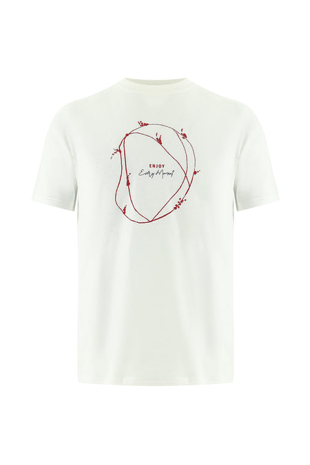 Ekru Bisiklet Yaka Regular Fit Baskılı Pamuk T-shirt