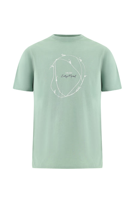 Çağla Yeşili Bisiklet Yaka Regular Fit Baskılı Pamuk T-shirt