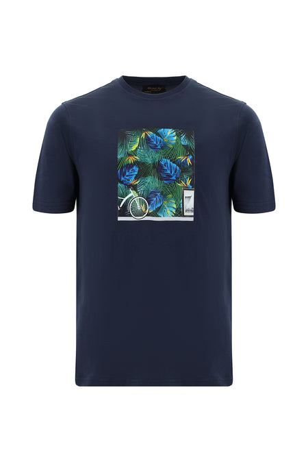 Koyu Lacivert Bisiklet Yaka Regular Fit Baskılı Pamuk T-shirt