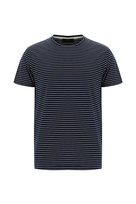 Koyu Lacivert Bisiklet Yaka Slim Fit Dar Kesim Çizgili Merserize Pamuk T-shirt