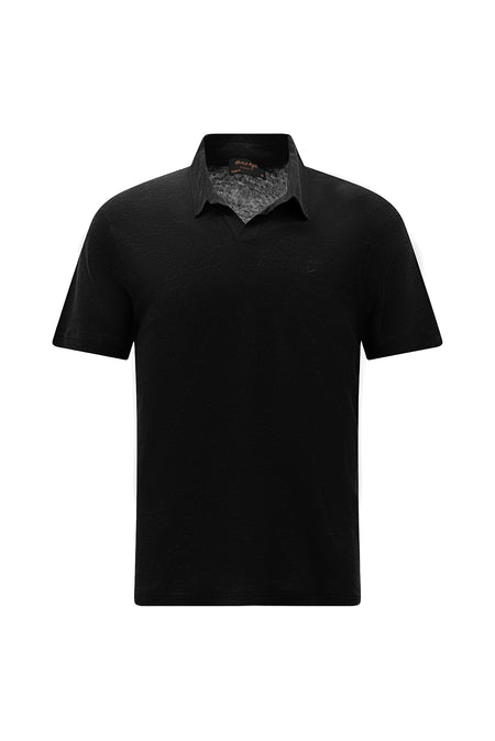 Siyah Regular Fit Nakışlı Keten Polo Yaka T-shirt