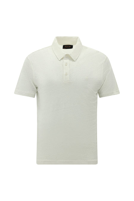 Kırık Beyaz Regular Fit Nakışlı Keten Polo Yaka T-shirt