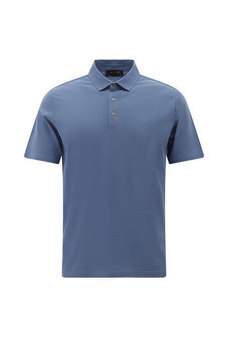 Havacı Mavi Regular Fit Desenli Nakışlı Merserize Pamuk Polo Yaka T-shirt