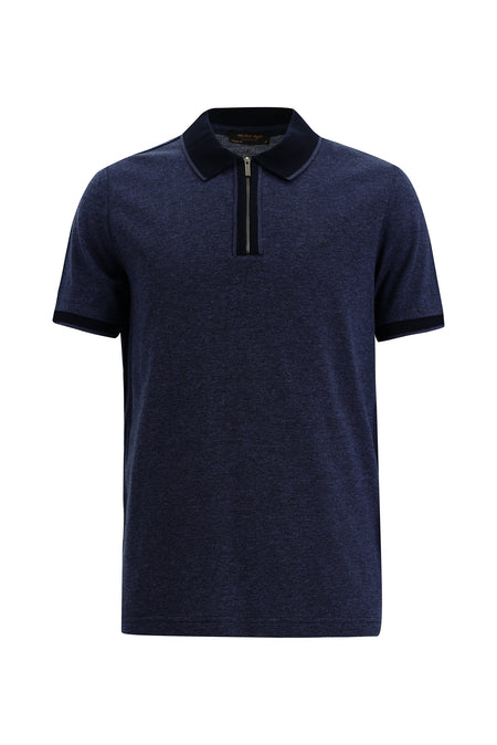 Orta Lacivert Melanj Regular Fit Fermuarlı Desenli Merserize Pamuk Polo Yaka T-shirt