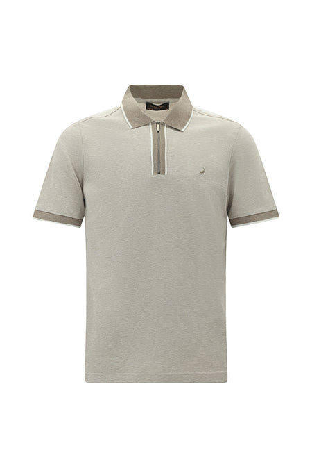 Orta Bej Regular Fit Fermuarlı Desenli Merserize Pamuk Polo Yaka T-shirt