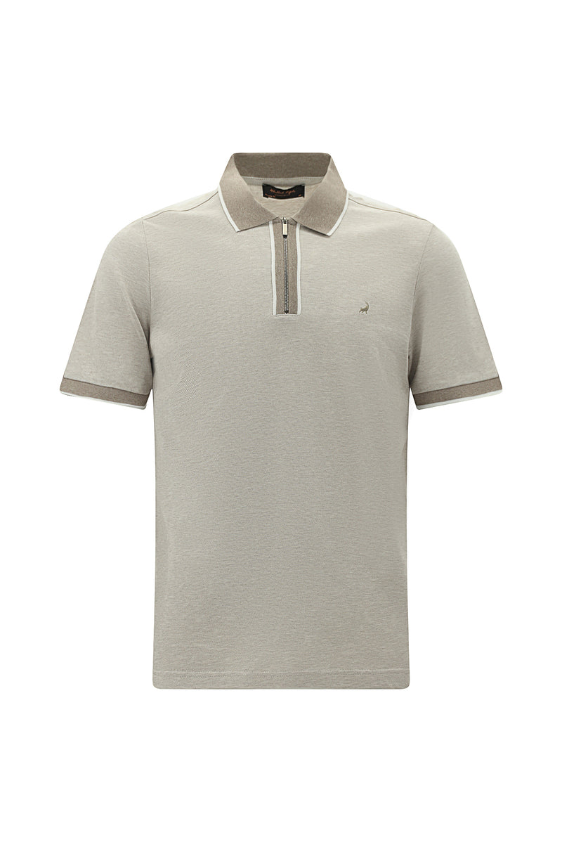 Orta Bej Regular Fit Fermuarlı Desenli Merserize Pamuk Polo Yaka T-shirt