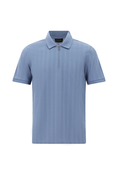 Havacı Mavi Regular Fit Fermuarlı Desenli Merserize Pamuk Polo Yaka T-shirt
