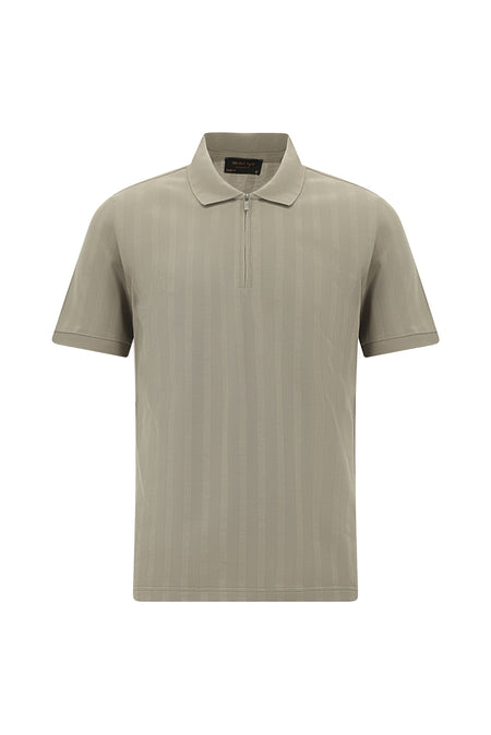 Orta Bej Regular Fit Fermuarlı Desenli Merserize Pamuk Polo Yaka T-shirt