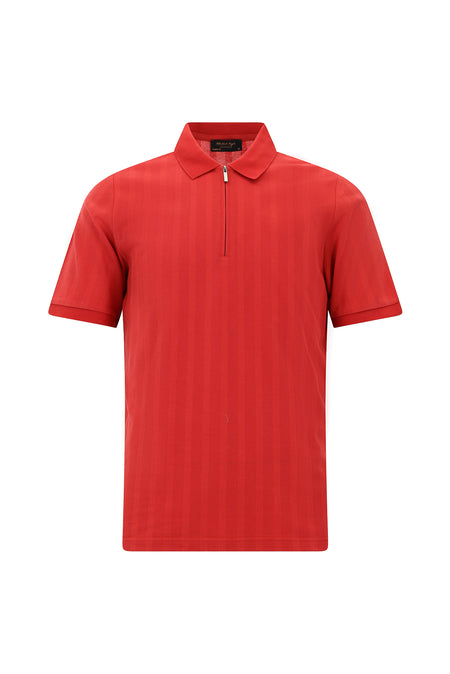 Açık Kırmızı Regular Fit Fermuarlı Desenli Merserize Pamuk Polo Yaka T-shirt
