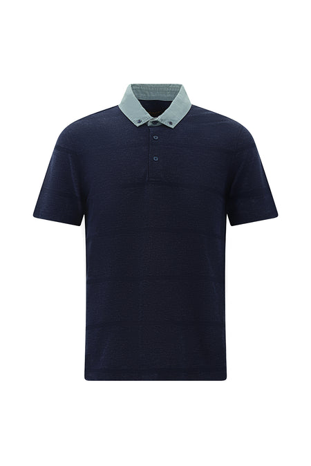 Orta Lacivert Melanj Polo Yaka Regular Fit Desenli Pamuklu T-shirt