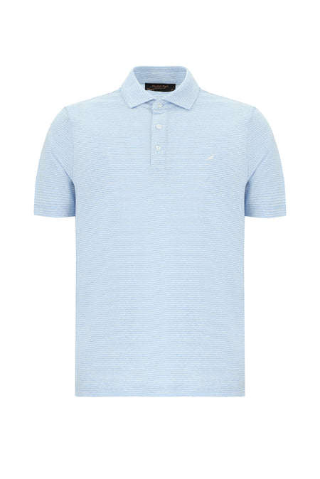 Açık Mavi Regular Fit Desenli Nakışlı Pamuklu Keten Polo Yaka T-shirt