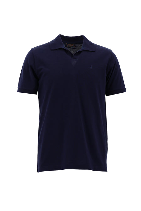 Koyu Lacivert Polo Yaka Slim Fit Dar Kesim Desenli Nakışlı Merserize Pamuk T-shirt