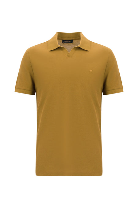 Koyu Bej Polo Yaka Slim Fit Dar Kesim Desenli Nakışlı Merserize Pamuk T-shirt