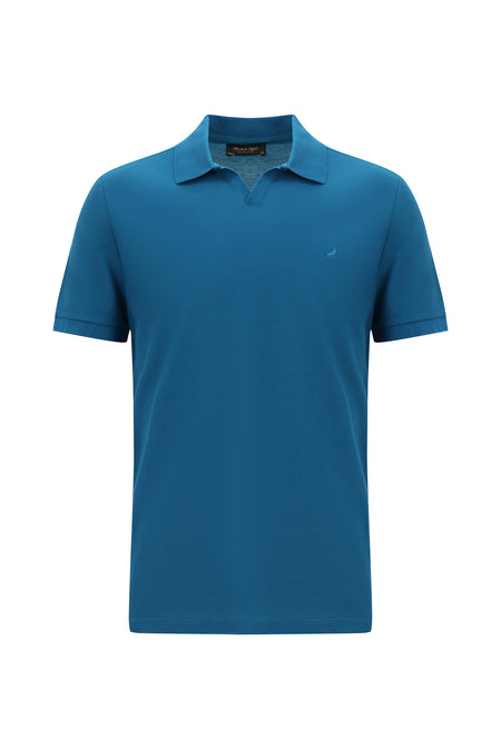 Açık Petrol Polo Yaka Slim Fit Dar Kesim Desenli Nakışlı Merserize Pamuk T-shirt