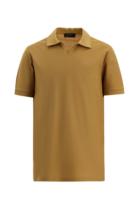 Koyu Bej Slim Fit Dar Kesim Desenli Nakışlı Merserize Pamuk Polo Yaka T-shirt