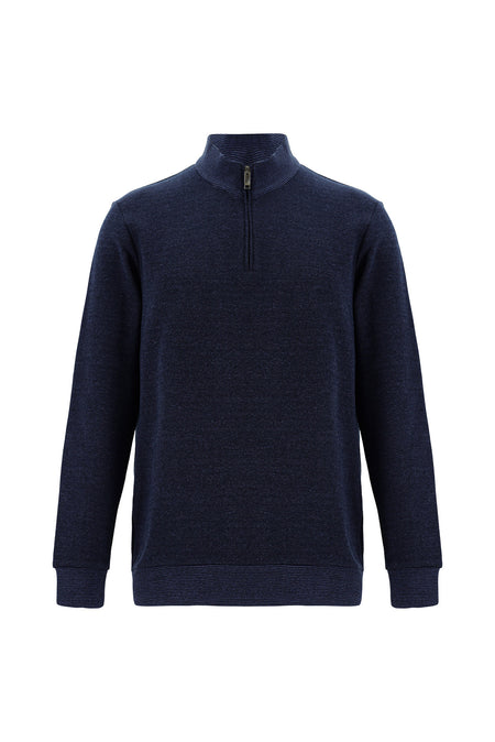 Orta Lacivert Melanj Yarım Balıkçı Yaka Fermuarlı Merserize Pamuklu Sweatshirt