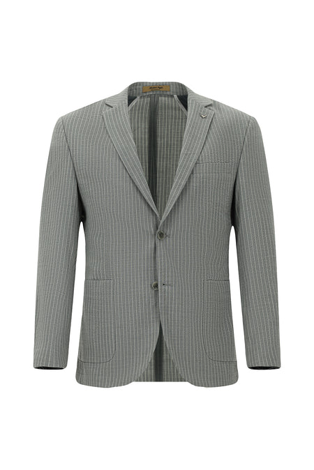 Orta Füme Super Slim Fit Ekstra Dar Kesim Yünlü Çizgili Spor Ceket