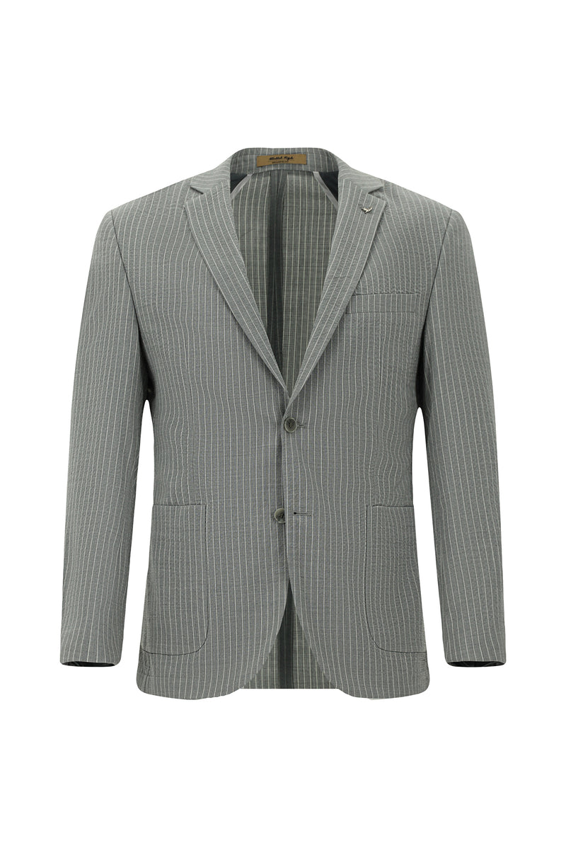 Orta Füme Super Slim Fit Ekstra Dar Kesim Yünlü Çizgili Spor Ceket