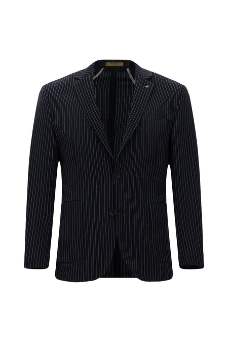 Koyu Lacivert Super Slim Fit Ekstra Dar Kesim Yünlü Çizgili Spor Ceket